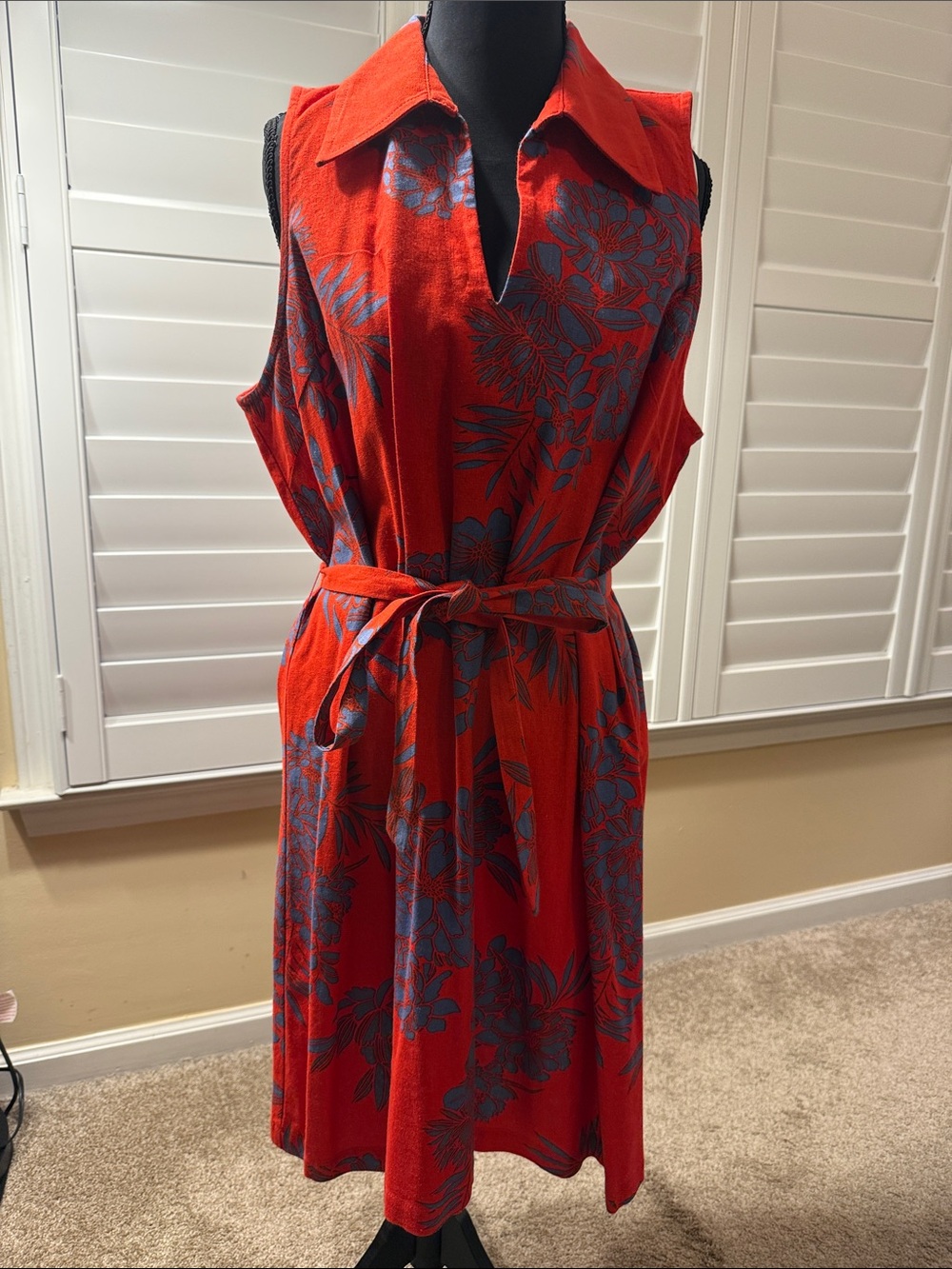 Sleeveless Red Floral Shirt Dress with Belt
